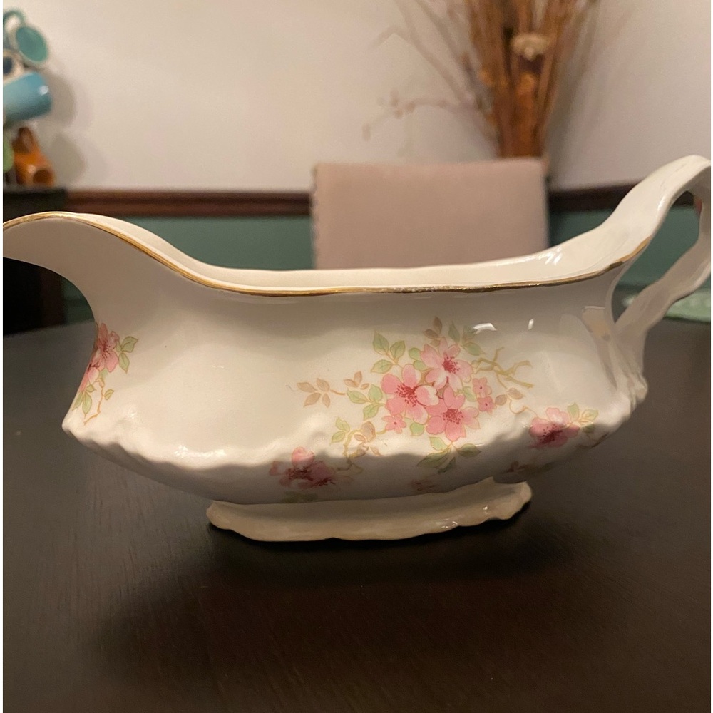 W.S. George antique gravy boat w floral design & gold trim. Fine China.